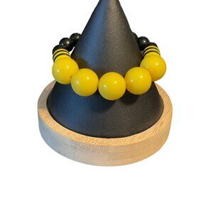 Yellow & Black Beaded Bracelet With Striped Accents